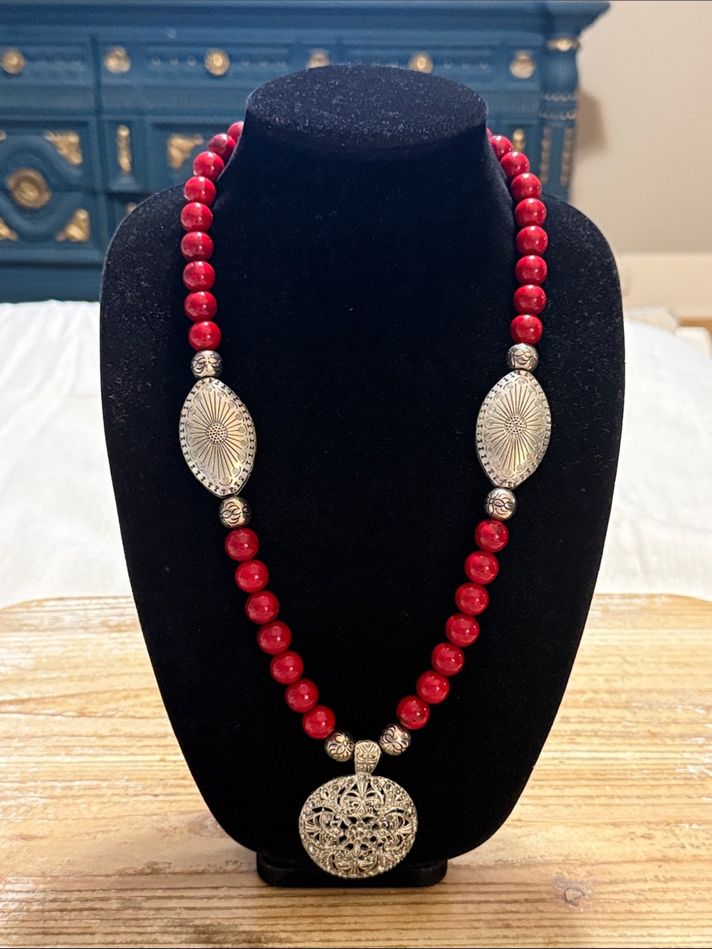Vintage Southwestern Silver Tone Red Beaded Long Pendant Statement Necklace